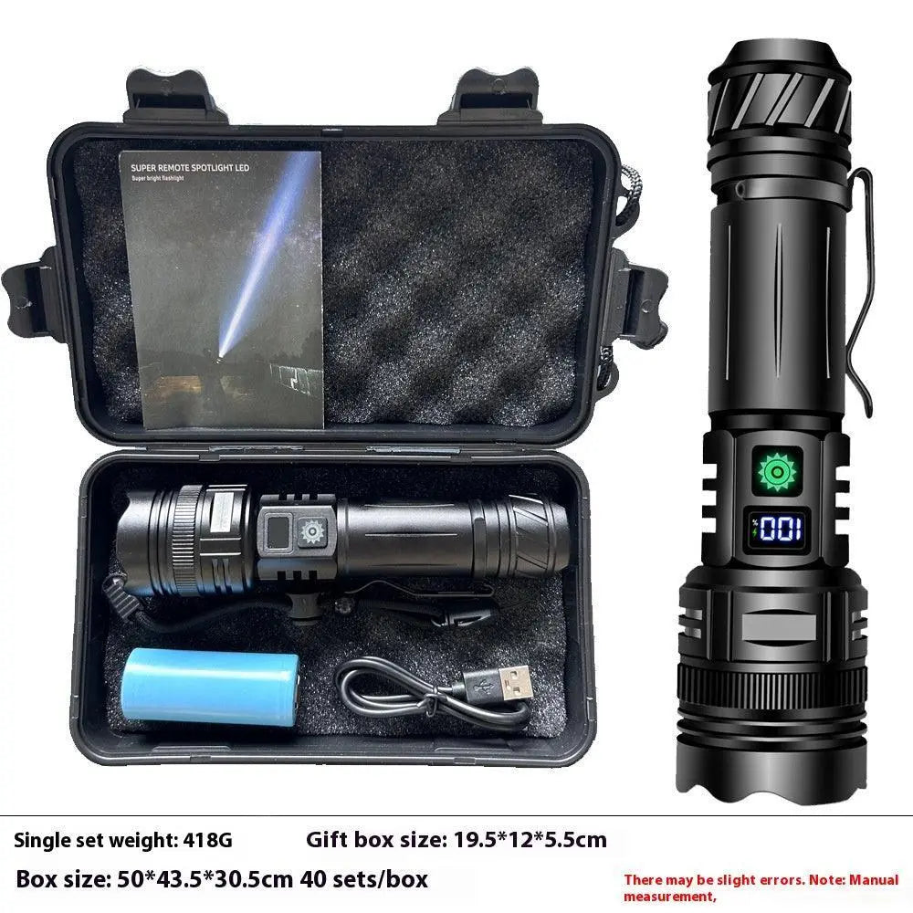 High-powered rechargeable flashlight with long battery life, available at High Tech Trends.