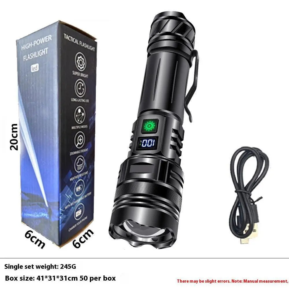 High-powered rechargeable flashlight with long battery life, available at High Tech Trends.